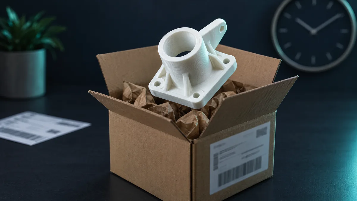 Peça impressa em 3D sendo colocada numa caixa de envio