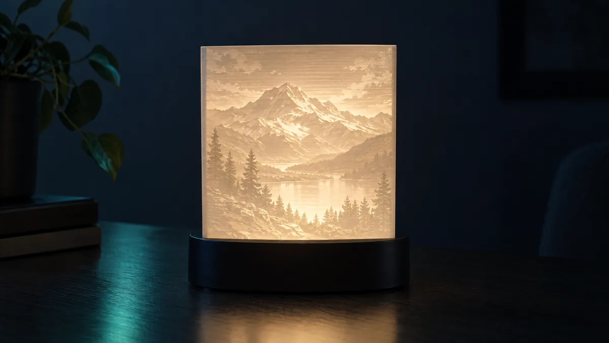 Litofania de paisagem iluminada por trás num suporte com LED