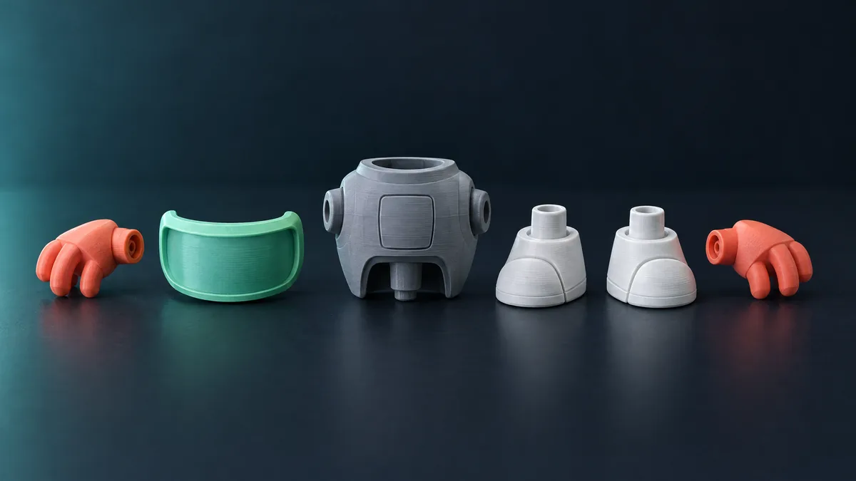 Robô impresso em 3D desmontado em peças de cores diferentes